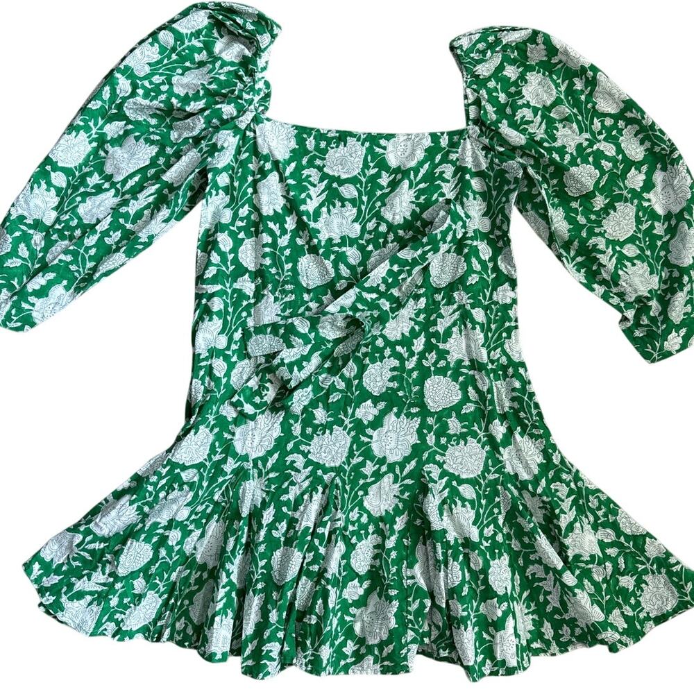 Mille Resort Anais Belted Mini Hand Block Print Dress Green Zinnia Size Small - Picture 9 of 12